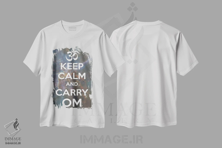 تیشرت سفید طرح دار آرام باش و "اُم" را ادامه بده، تایپوگرافی اثر هنرمند ناشناس | فروشگاه ایماژ