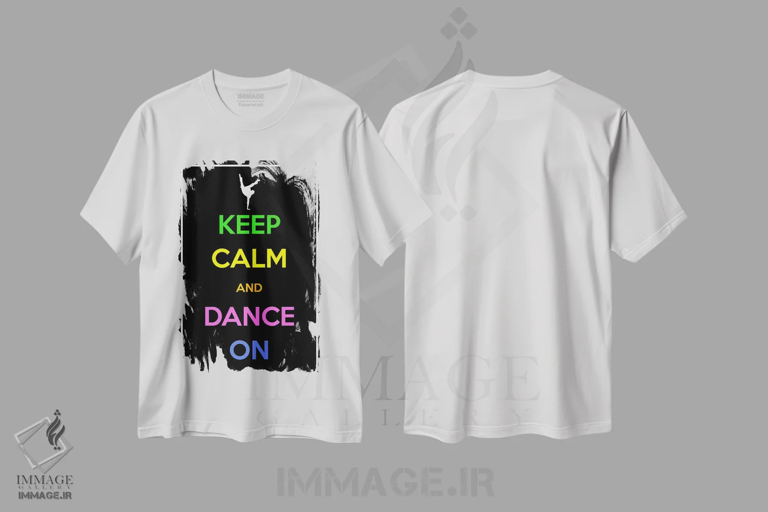 تیشرت سفید طرح دار آرام باش و به رقص ادامه بده، تزئینی اثر فایو بای فایو کالکتیو | فروشگاه ایماژ