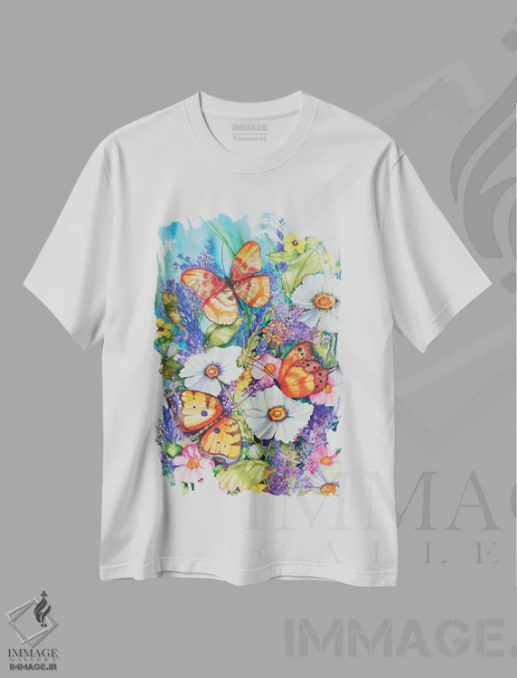تیشرت سفید طرح دار باغ پروانه ها، تزئینی اثر کاتلین پار مک کنا | immage.ir