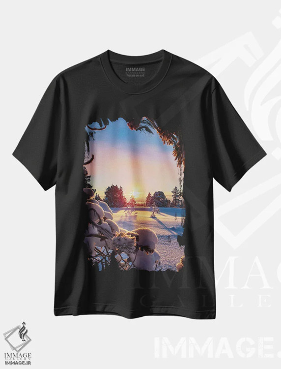 تیشرت مشکی طرح دار چشم انداز برفی در غروب، مدیوم اثر کارن منداو | immage.ir