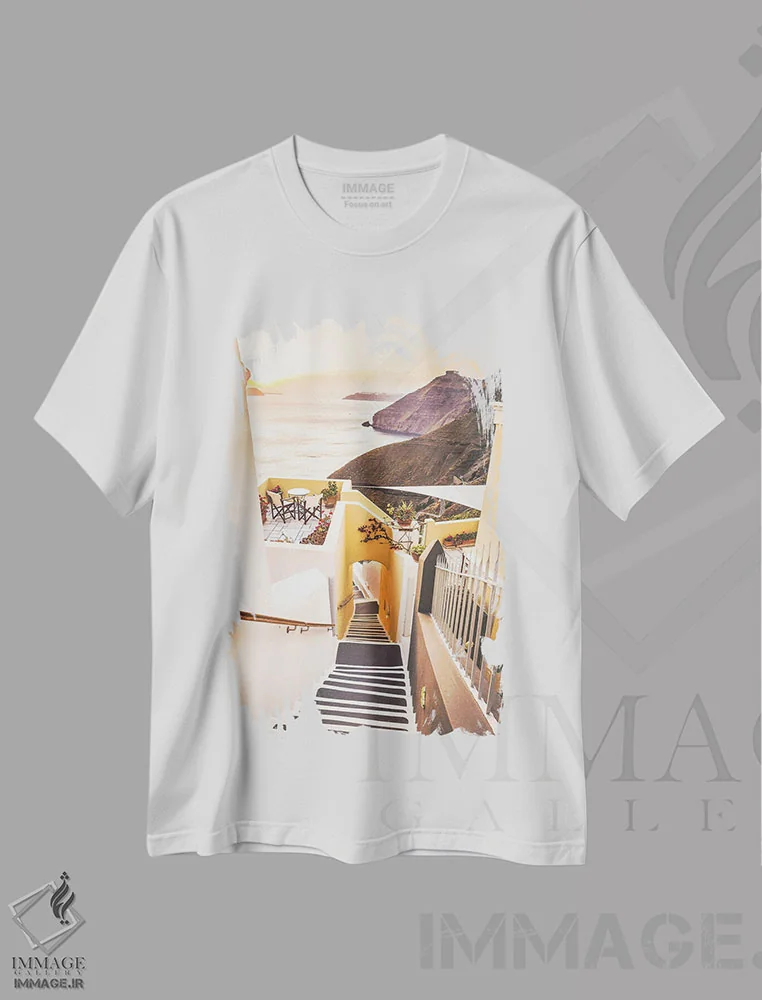 تیشرت سفید طرح دار پله های سانتورینی در غروب آفتاب، مدیوم اثر کارن منداو | immage.ir