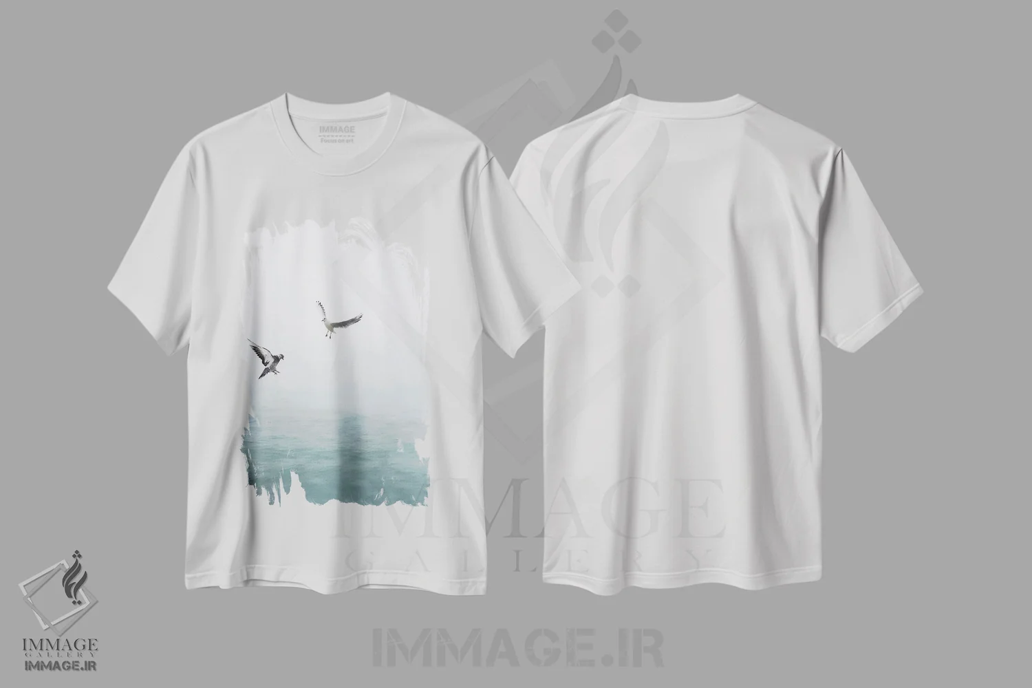 تیشرت سفید طرح دار مرغان دریایی در حال پرواز بر فراز اقیانوس، دکور ساحلی اثر کارن منداو | immage.ir