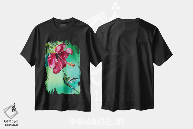 تیشرت مشکی طرح دار هیبیسکوس و مرغ مگس خوار سبز، دکور معاصر اثر کارلی پرولد | فروشگاه ایماژ