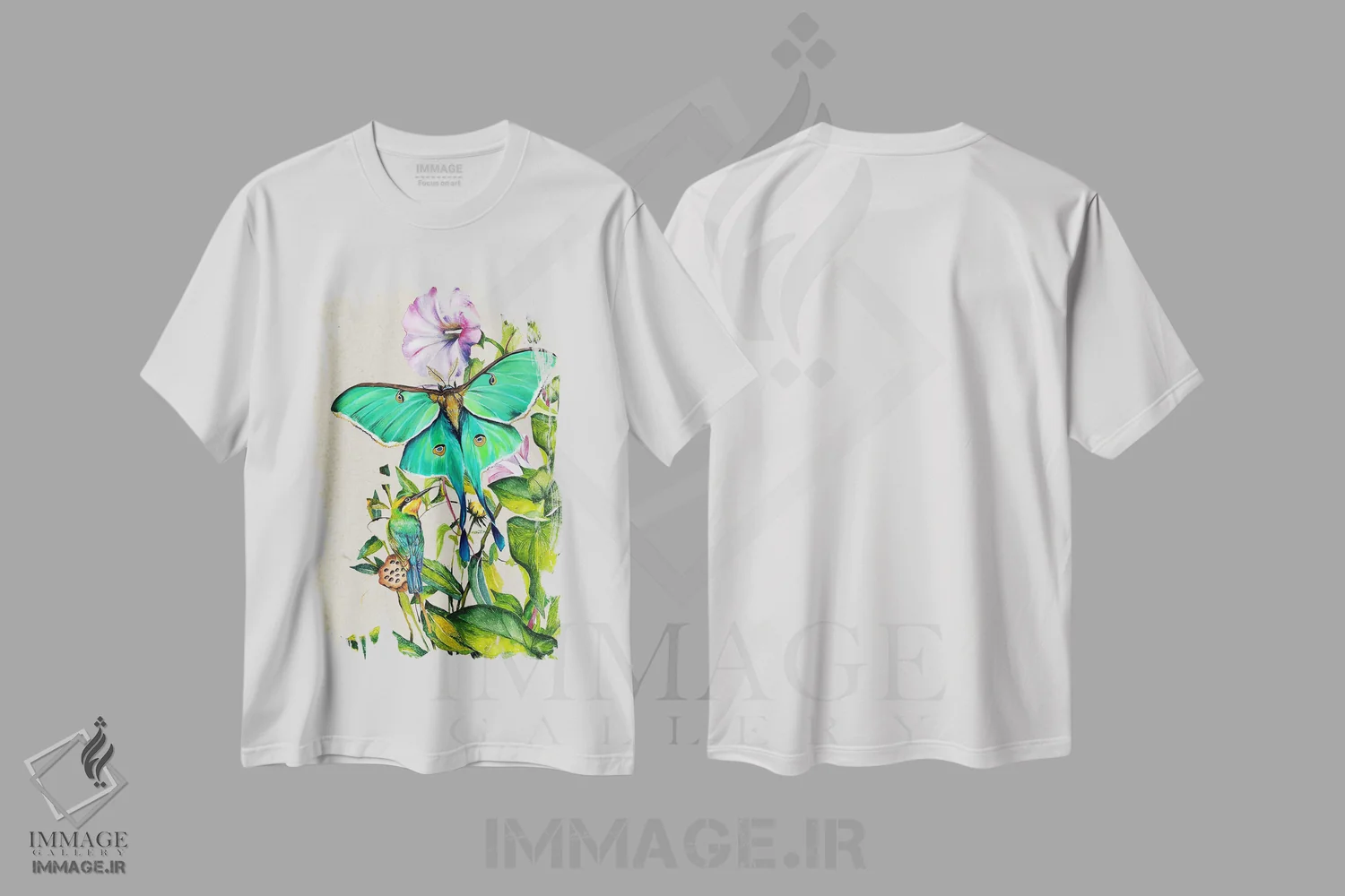 تیشرت سفید طرح دار شب پره و گل ها، دکور معاصر اثر کارلی پرولد | فروشگاه ایماژ