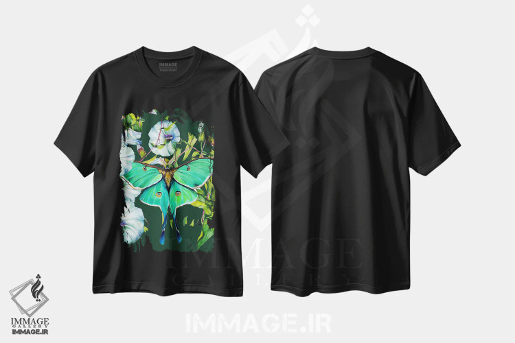 تیشرت مشکی طرح دار شب پره ماه و گل ها، دکور معاصر اثر کارلی پرولد | فروشگاه ایماژ