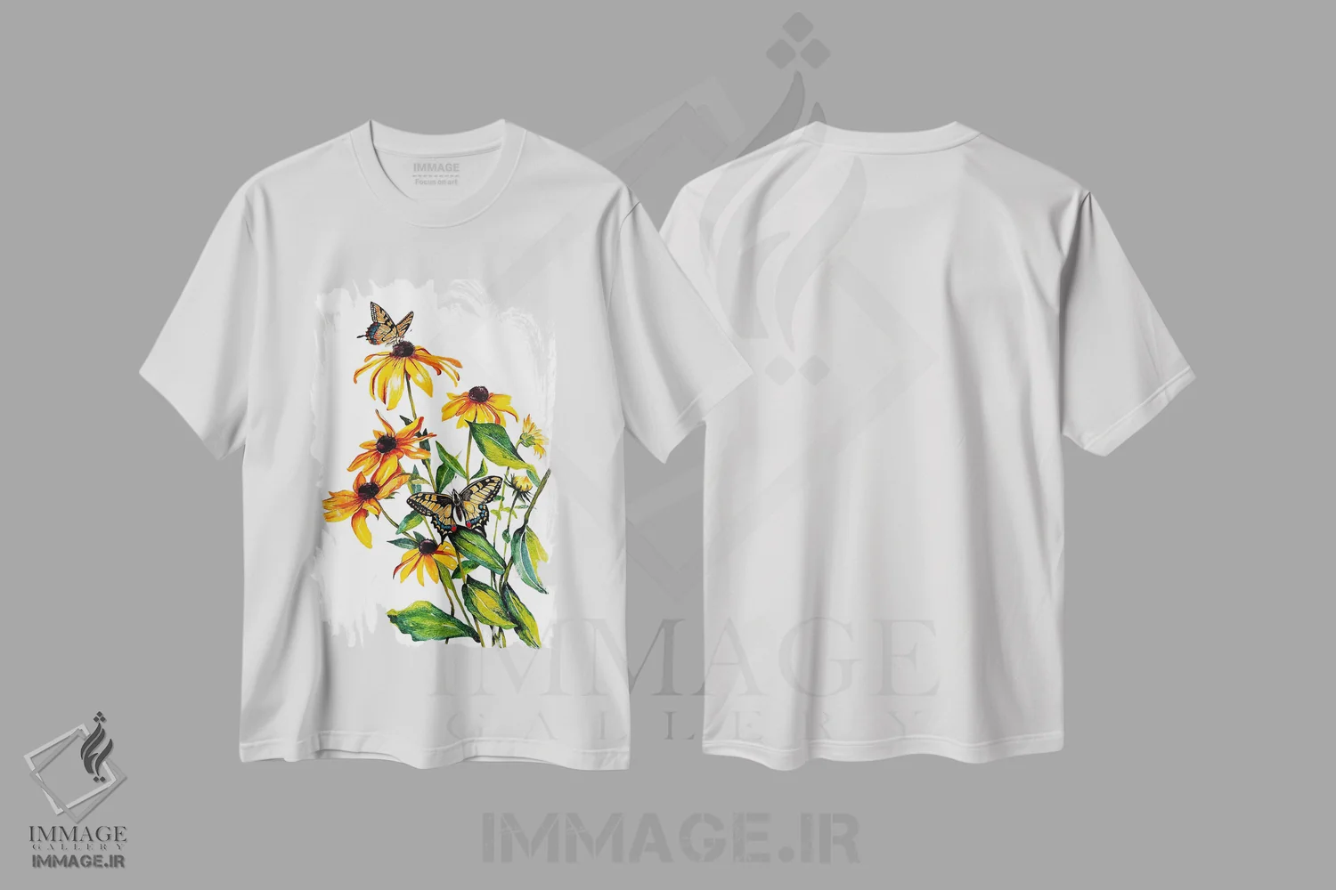 تیشرت سفید طرح دار گل های وحشی زرد، دکور معاصر اثر کارلی پرولد | فروشگاه ایماژ