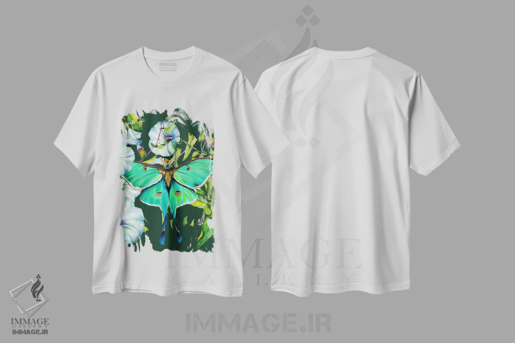 تیشرت سفید طرح دار شب پره ماه و گل ها، دکور معاصر اثر کارلی پرولد | immage.ir