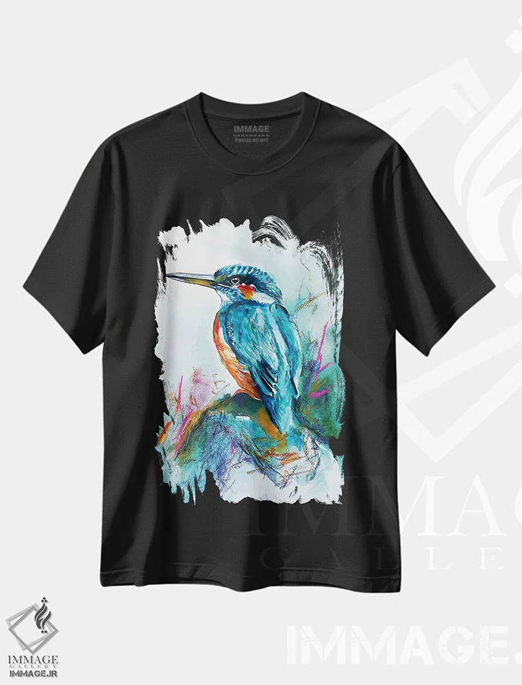 تیشرت مشکی طرح دار مرغ ماهی خوار، تزئینی اثر کارلی پرولد | immage.ir