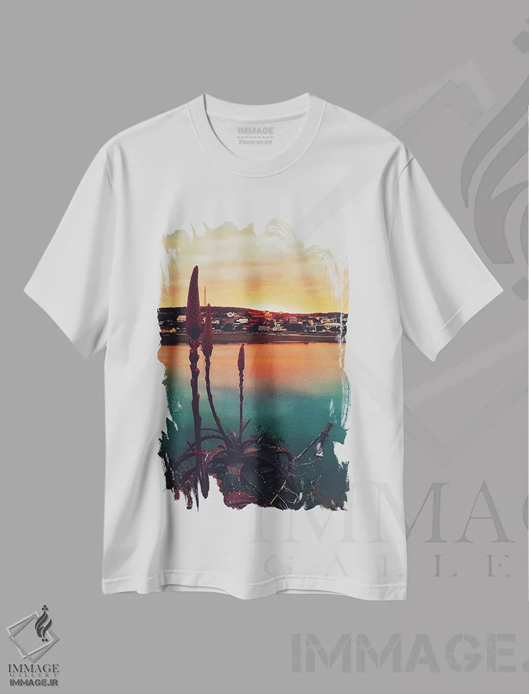 تیشرت سفید طرح دار طلوع آفتاب با آلوئه ورا، تزئینی اثر کارلی پرولد | فروشگاه ایماژ