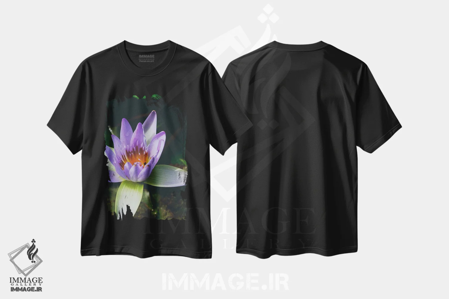 تیشرت مشکی طرح دار نیلوفر آبی ذن، تزئینی اثر کارلی پرولد | فروشگاه ایماژ