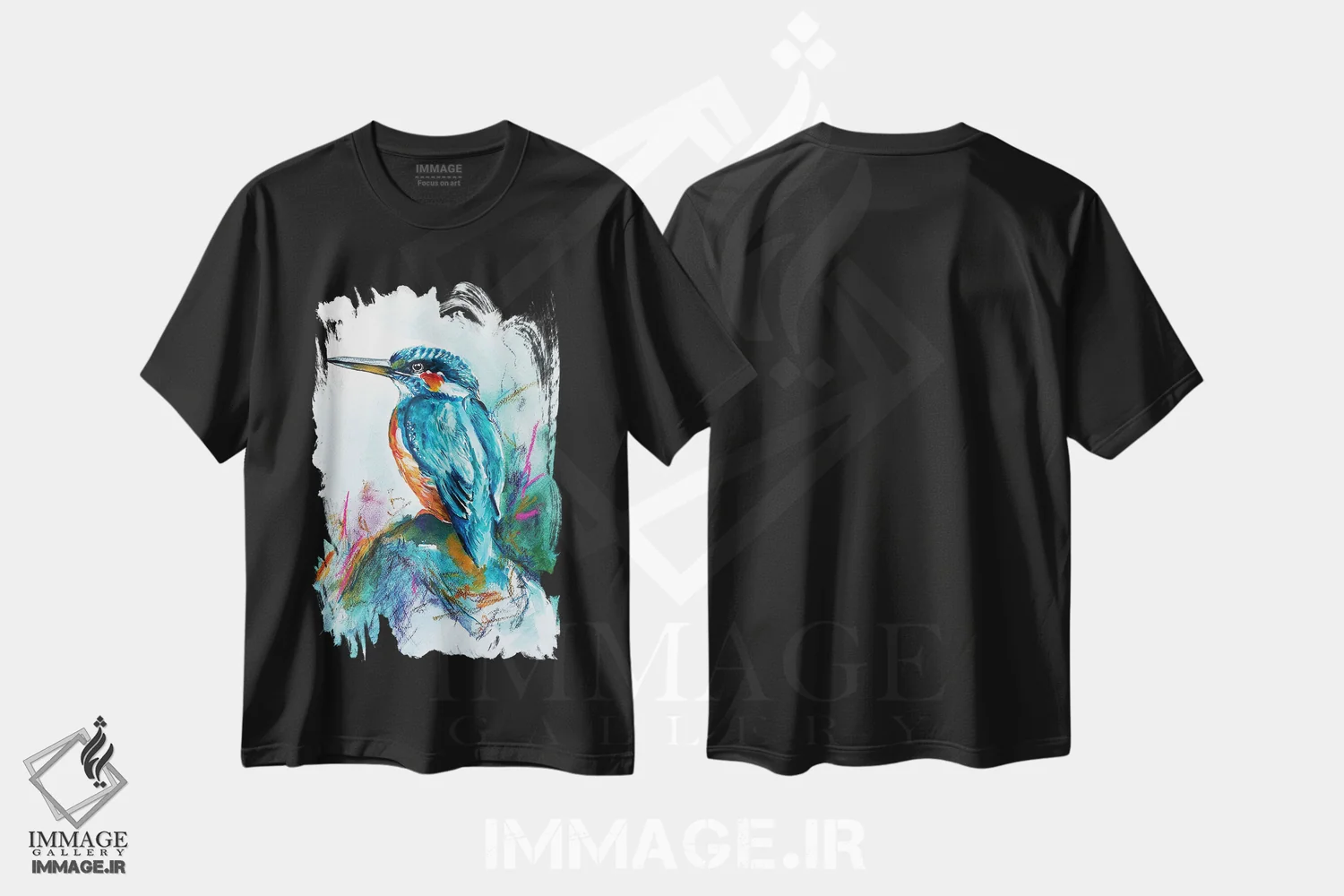 تیشرت مشکی طرح دار مرغ ماهی خوار، تزئینی اثر کارلی پرولد | immage.ir