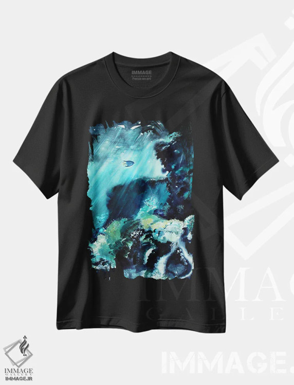 تیشرت مشکی طرح دار ماهی در صخره مرجانی، تزئینی اثر کارلی پرولد | فروشگاه ایماژ