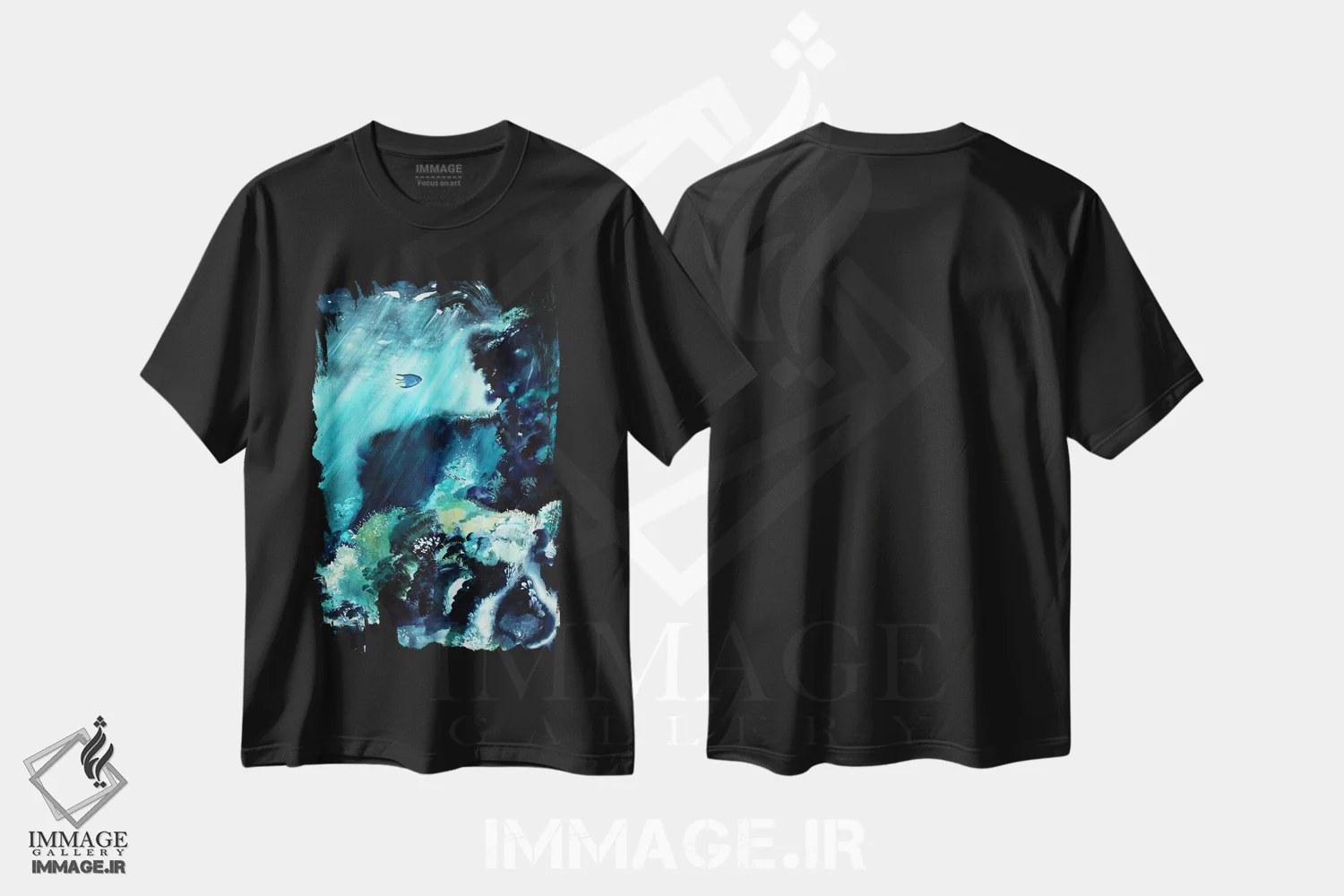 تیشرت مشکی طرح دار ماهی در صخره مرجانی، تزئینی اثر کارلی پرولد | فروشگاه ایماژ