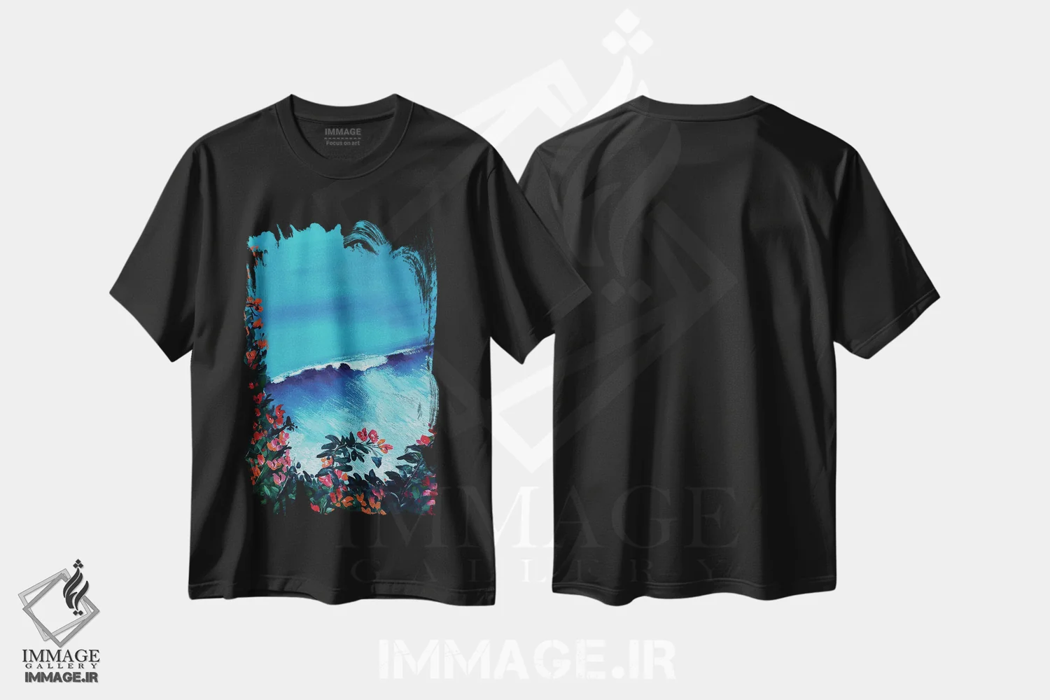 تیشرت مشکی طرح دار بالی، دکور ساحلی اثر کارلی پرولد | فروشگاه ایماژ