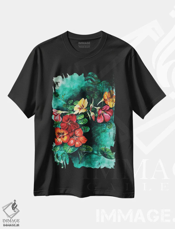 تیشرت مشکی طرح دار گل های لادن، تزئینی اثر کارلی پرولد | فروشگاه ایماژ