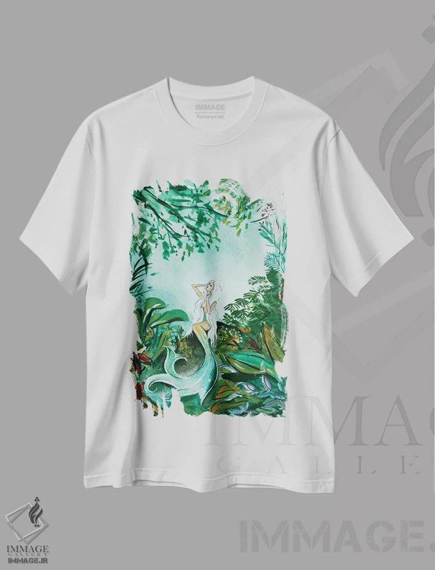 تیشرت سفید طرح دار پری دریایی جنگلی، تزئینی اثر کارلی پرولد | فروشگاه ایماژ