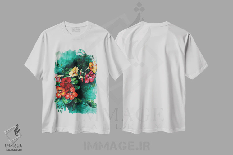 تیشرت سفید طرح دار گل های لادن، تزئینی اثر کارلی پرولد | immage.ir
