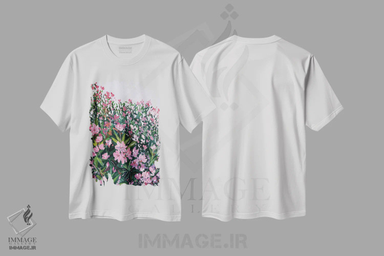 تیشرت سفید طرح دار خرزهره صورتی، تزئینی اثر کارلی پرولد | فروشگاه ایماژ