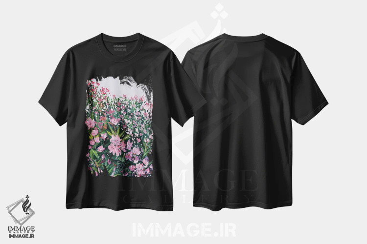 تیشرت مشکی طرح دار خرزهره صورتی، تزئینی اثر کارلی پرولد | فروشگاه ایماژ