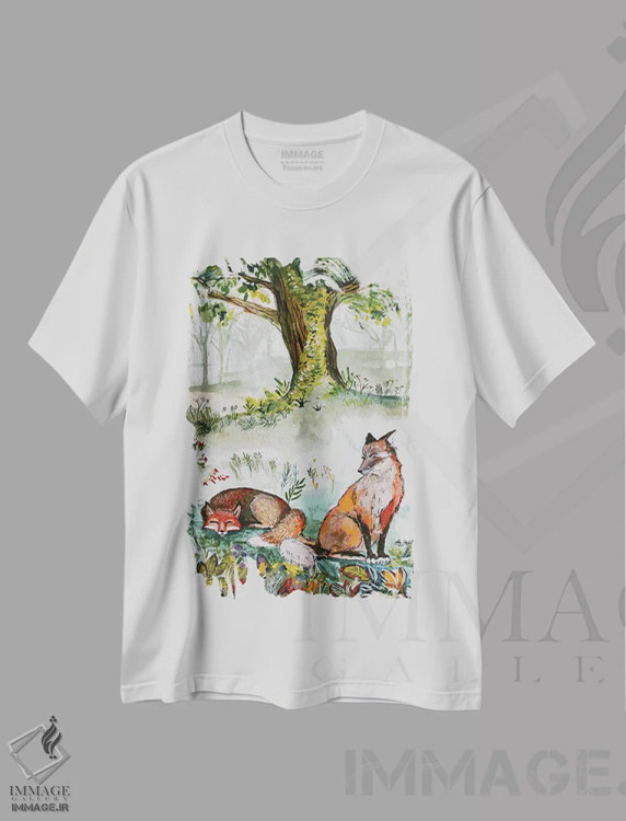 تیشرت سفید طرح دار جنگل روباه، تزئینی اثر کارلی پرولد | فروشگاه ایماژ