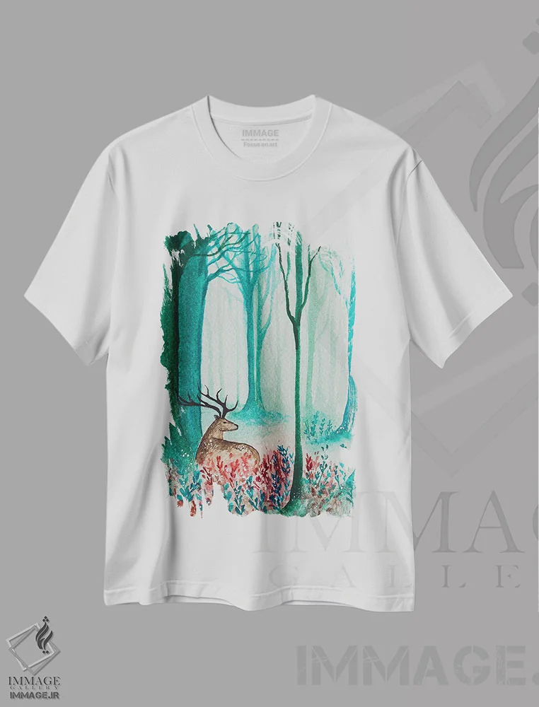 تیشرت سفید طرح دار جنگل گوزن جوان، تزئینی اثر کارلی پرولد | فروشگاه ایماژ