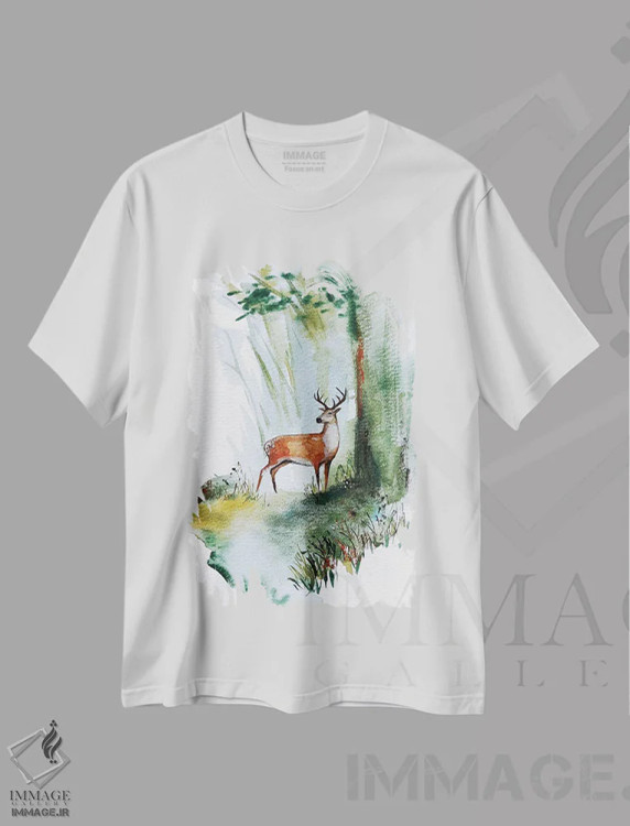 تیشرت سفید طرح دار گوزن جوان آبرنگی، تزئینی اثر کارلی پرولد | فروشگاه ایماژ