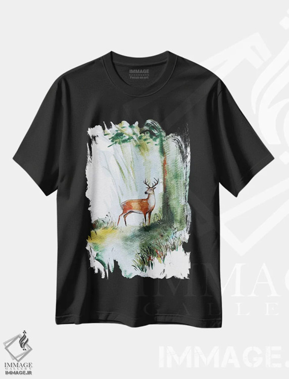 تیشرت مشکی طرح دار گوزن جوان آبرنگی، تزئینی اثر کارلی پرولد | immage.ir