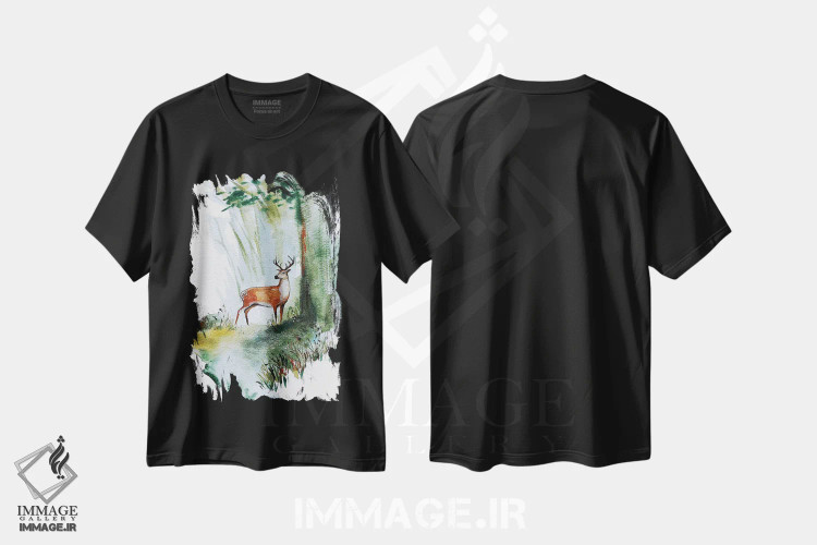 تیشرت مشکی طرح دار گوزن جوان آبرنگی، تزئینی اثر کارلی پرولد | immage.ir