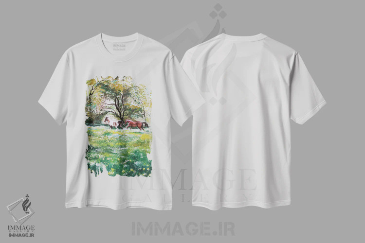 تیشرت سفید طرح دار اسب های وحشی، تزئینی اثر کارلی پرولد | فروشگاه ایماژ