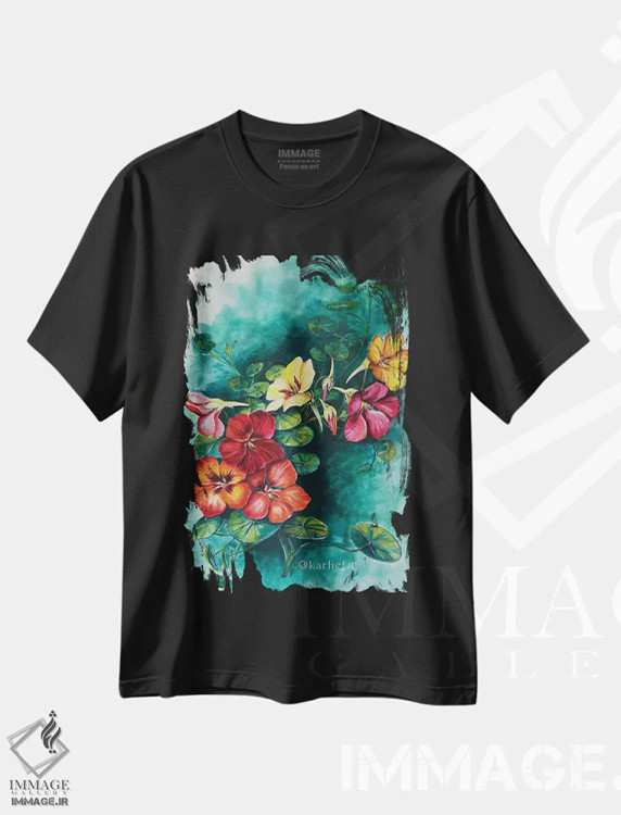 تیشرت مشکی طرح دار دسته گل لادن، تزئینی اثر کارلی پرولد | فروشگاه ایماژ