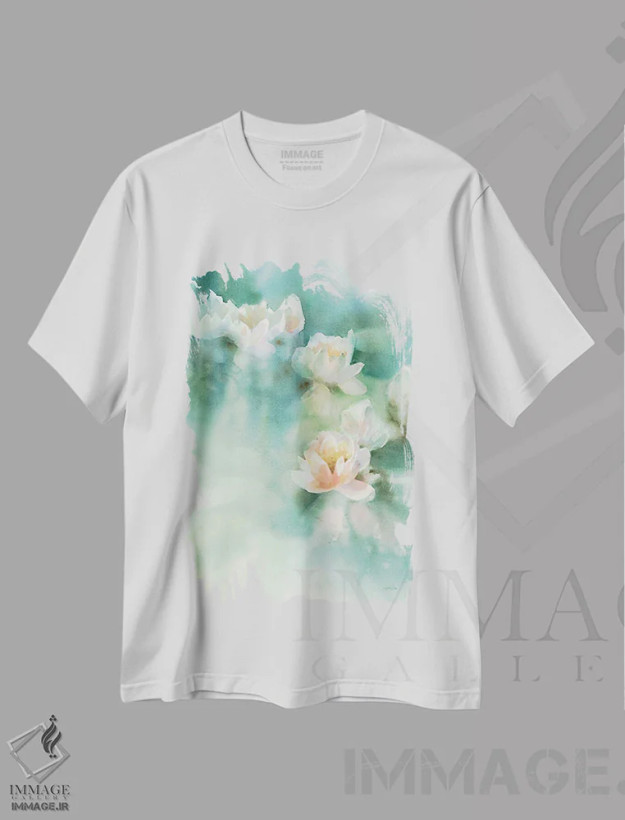 تیشرت سفید طرح دار نیلوفر آبی I، تزئینی اثر کاترینا پیت | فروشگاه ایماژ