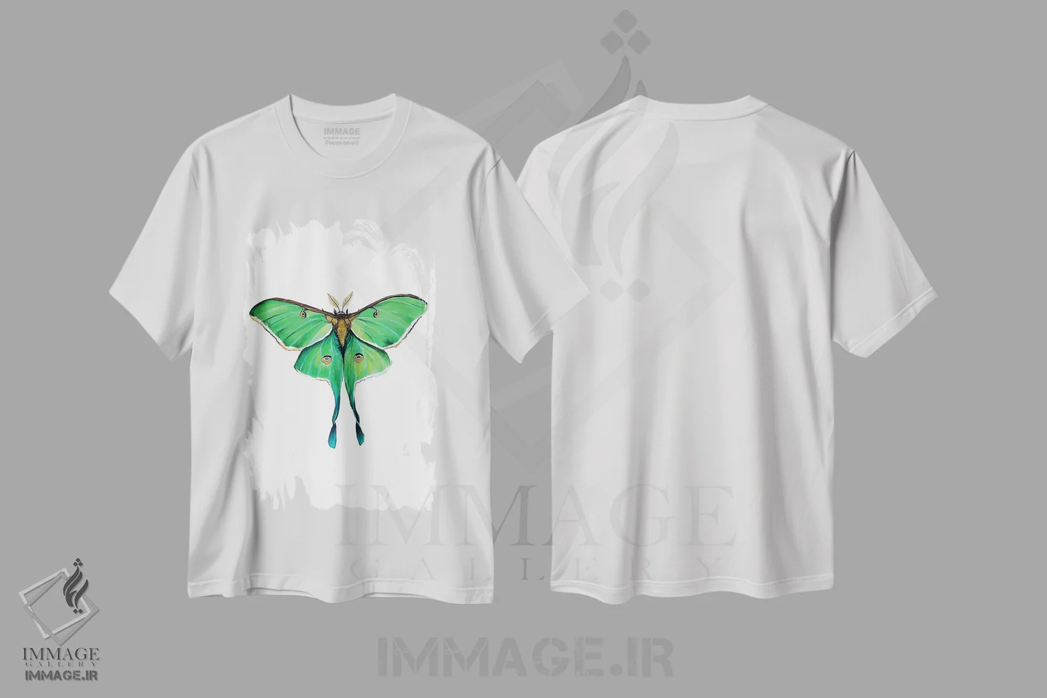 تیشرت سفید طرح دار شب پره لونا سبز، تزئینی اثر کارلی پرولد | فروشگاه ایماژ