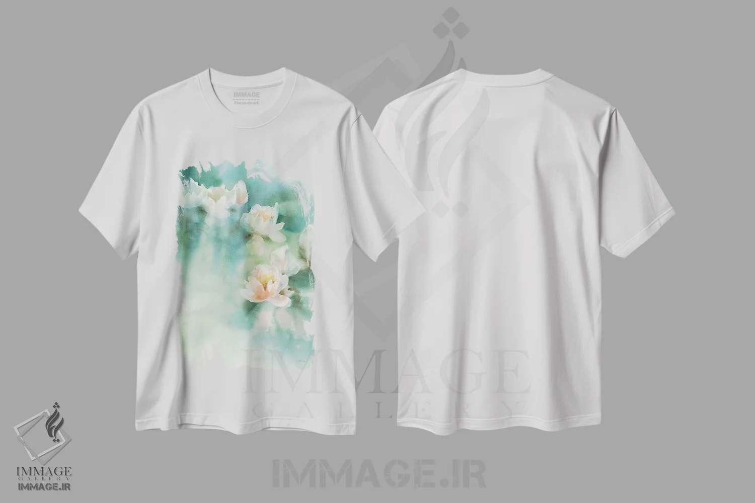 تیشرت سفید طرح دار نیلوفر آبی I، تزئینی اثر کاترینا پیت | فروشگاه ایماژ