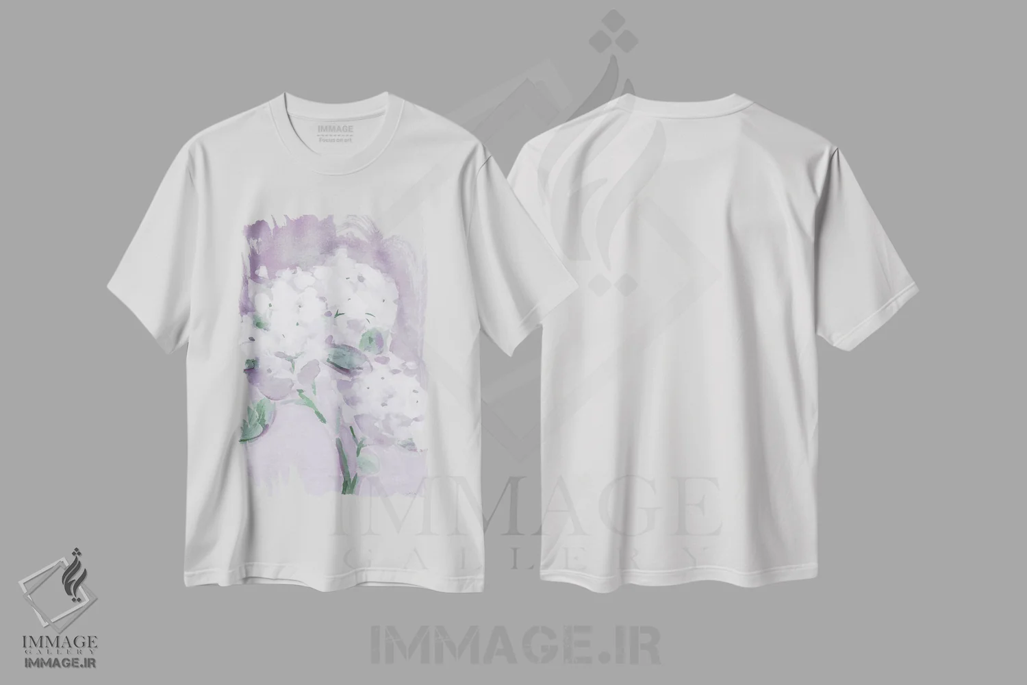 تیشرت سفید طرح دار هورتانسیا شیک بنفش، تزئینی اثر کاترینا پیت | فروشگاه ایماژ