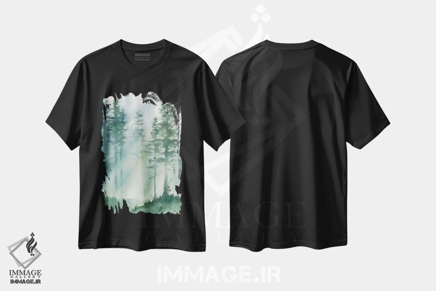 تیشرت مشکی طرح دار نور جنگل، دکور کلبه و لژ اثر کاترینا پیت | فروشگاه ایماژ