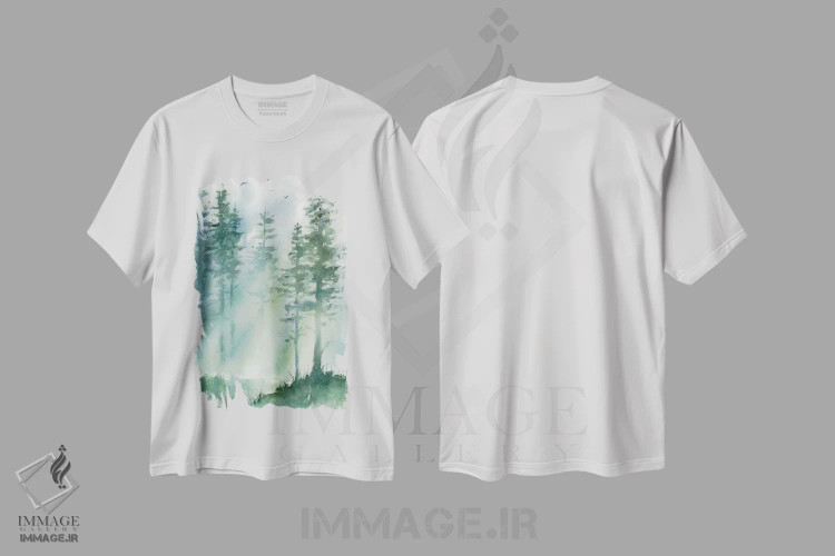 تیشرت سفید طرح دار نور جنگل، دکور کلبه و لژ اثر کاترینا پیت | immage.ir