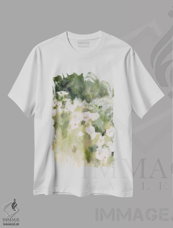 تیشرت سفید طرح دار چمنزار نیمه تابستان، دکور روستایی اثر کاترینا پیت | فروشگاه ایماژ