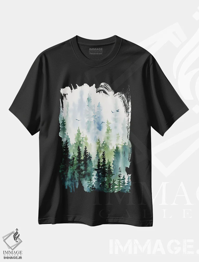 تیشرت مشکی طرح دار خط درختان، آبستره اثر کاترینا پیت | فروشگاه ایماژ