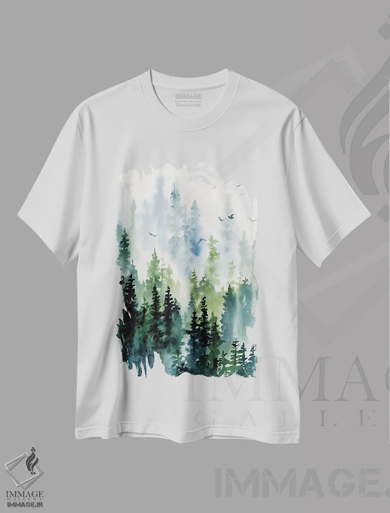 تیشرت سفید طرح دار خط درختان، آبستره اثر کاترینا پیت | immage.ir