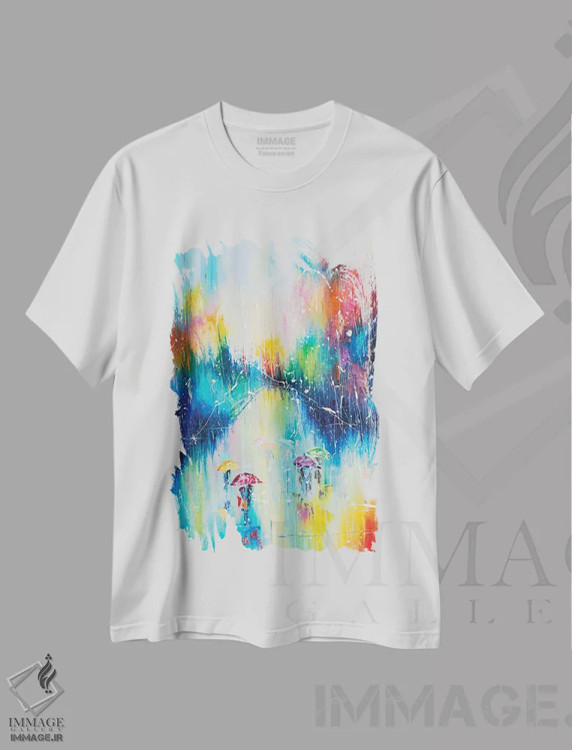 تیشرت سفید طرح دار خیابان بارانی، آبستره اثر کوپتسووا آرت | فروشگاه ایماژ