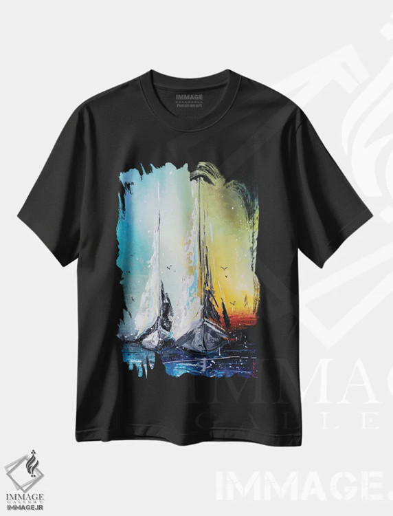 تیشرت مشکی طرح دار قایق های بادبانی در غروب، دکور معاصر اثر کوپتسووا آرت | immage.ir