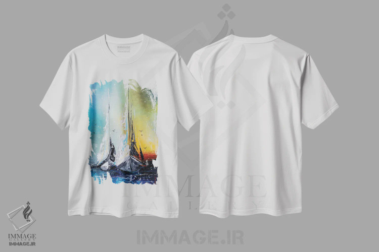 تیشرت سفید طرح دار قایق های بادبانی در غروب، دکور معاصر اثر کوپتسووا آرت | فروشگاه ایماژ