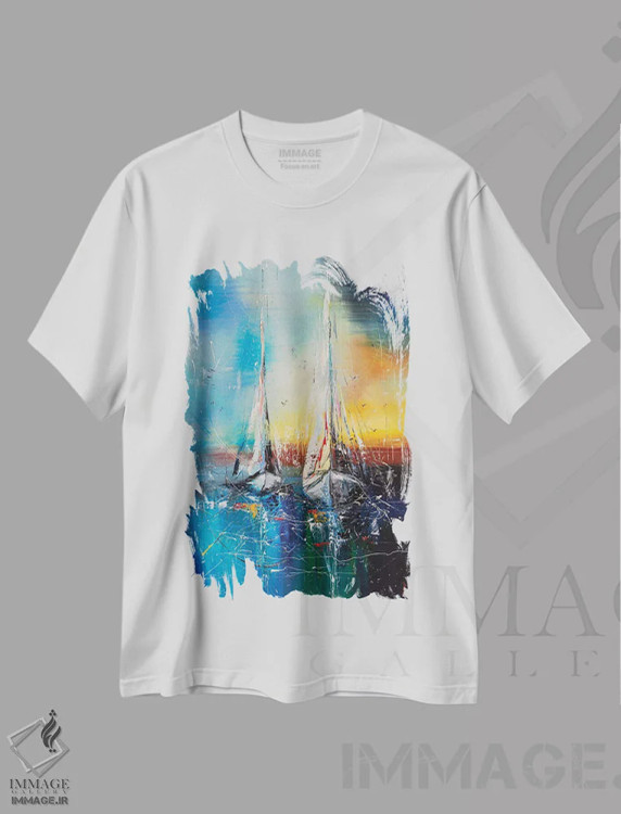 تیشرت سفید طرح دار قایق های بادبانی در غروب خورشید، دکور معاصر اثر کوپتسووا آرت | immage.ir