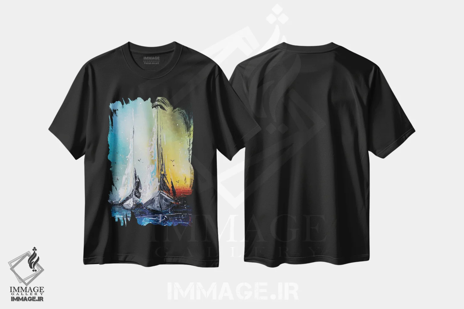 تیشرت مشکی طرح دار قایق های بادبانی در غروب، دکور معاصر اثر کوپتسووا آرت | immage.ir