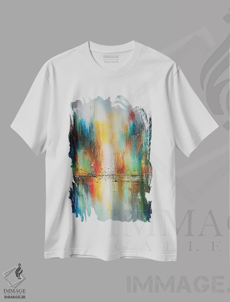تیشرت سفید طرح دار شهر آفتاب کویر، آبستره اثر کوپتسووا آرت | فروشگاه ایماژ