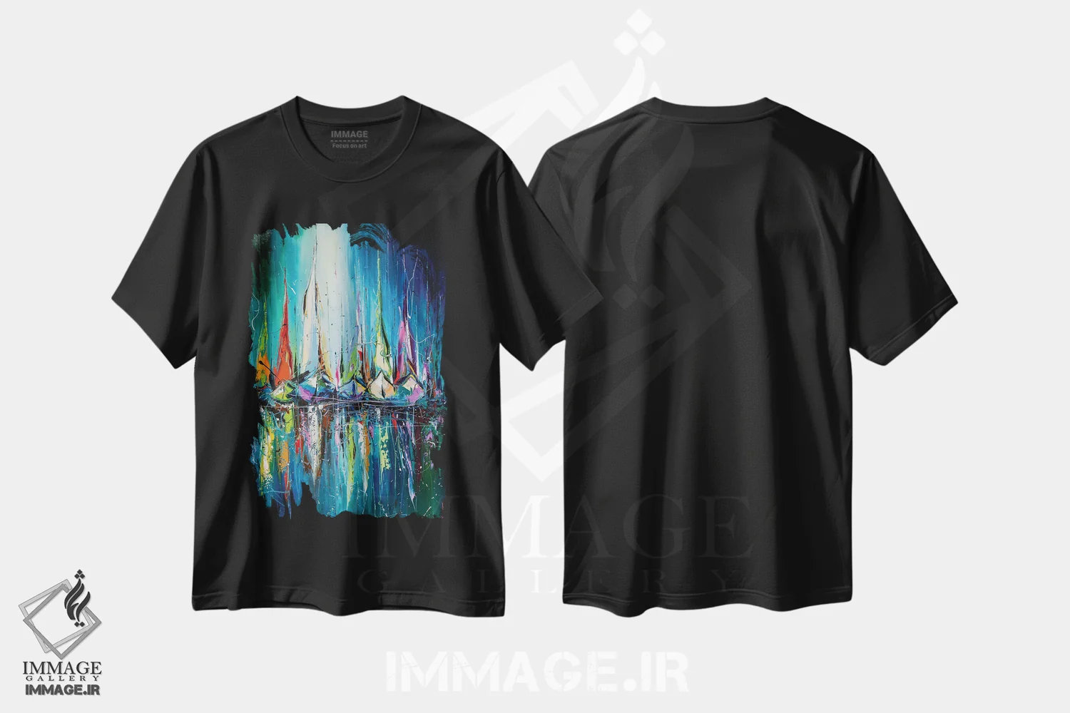 تیشرت مشکی طرح دار در بندر شبانه، آبستره اثر کوپتسووا آرت | فروشگاه ایماژ
