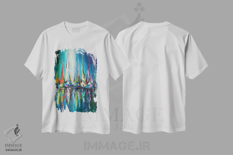 تیشرت سفید طرح دار در بندر شبانه، آبستره اثر کوپتسووا آرت | immage.ir