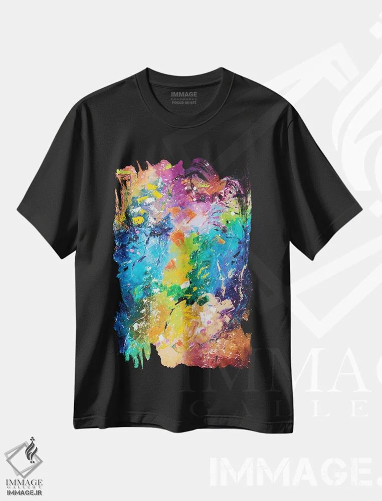 تیشرت مشکی طرح دار فانتزی رنگ های پاییزی، آبستره اثر کوپتسووا آرت | فروشگاه ایماژ