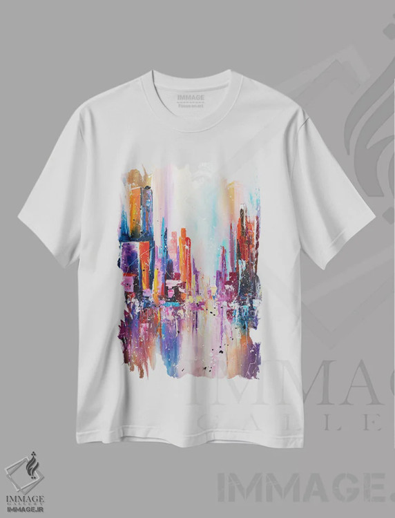 تیشرت سفید طرح دار شهر در نور غروب، آبستره اثر کوپتسووا آرت | فروشگاه ایماژ