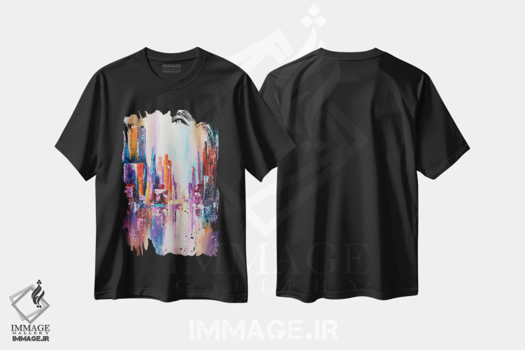 تیشرت مشکی طرح دار شهر در نور غروب، آبستره اثر کوپتسووا آرت | immage.ir